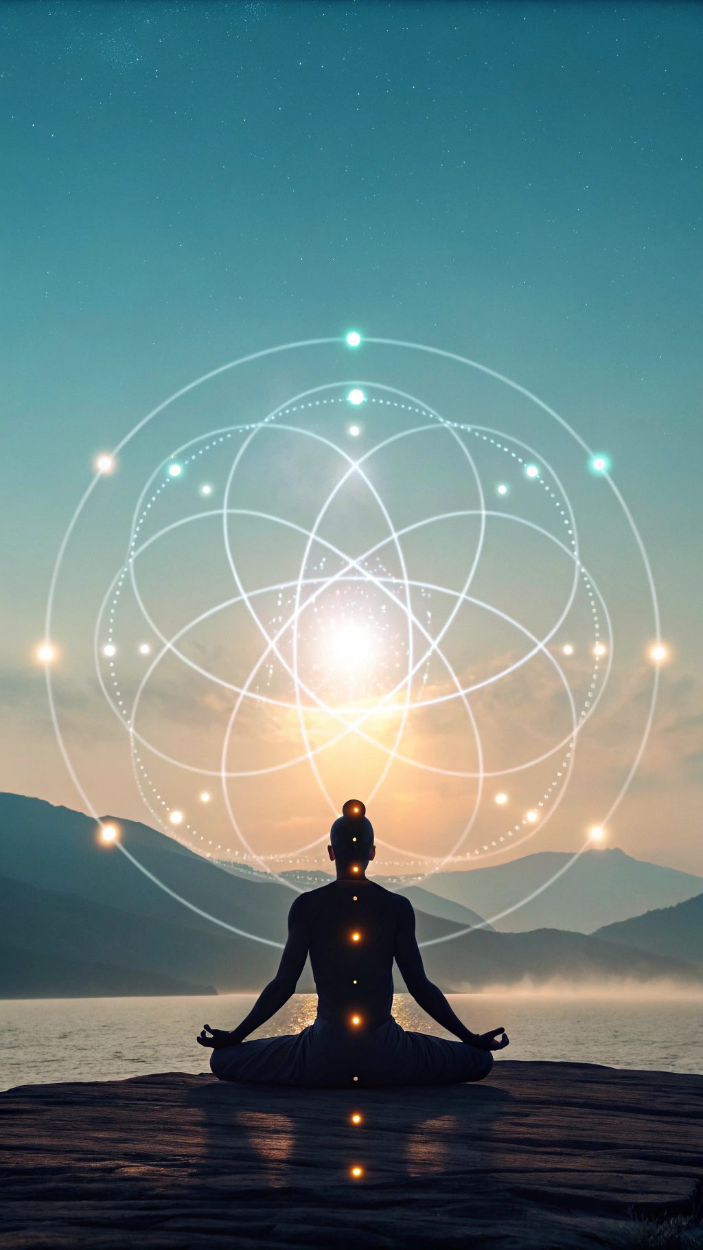human figure meditating with balanced energy sphe